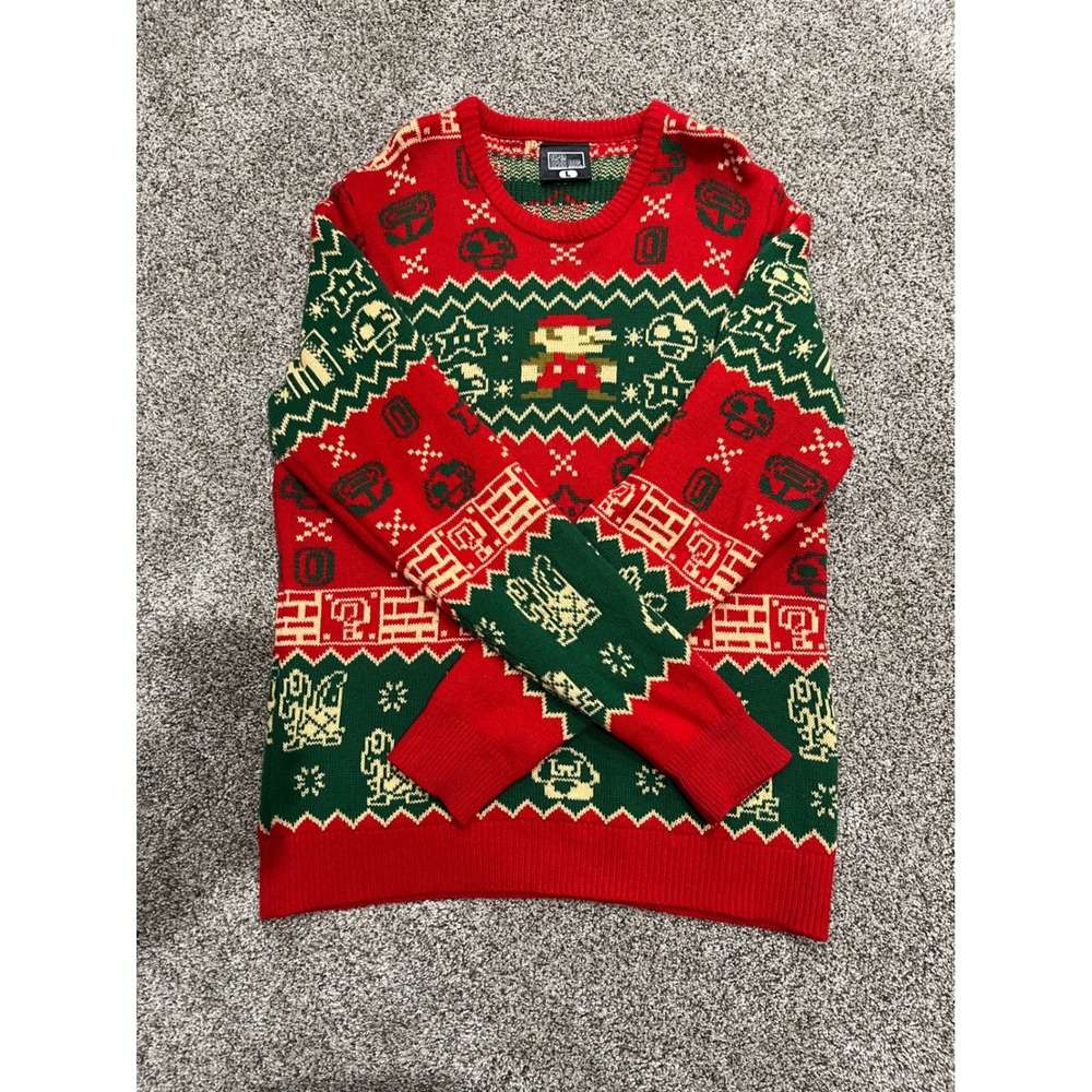 Nintendo Super Mario Bros Ugly Christmas Sweater Red Green ThinkGeek Mens Large